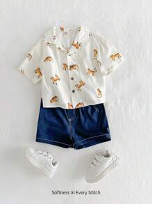 Cozy Pixies 寶寶男童休閒豹紋短袖有領釦卡襖配短褲套裝，有下垂肩設計 - 杏色 - 查看 7