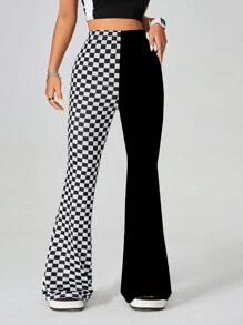 SHEIN EZwear Pantalones anchos de deporte para mujer con estilo callejero fresco, estampado de ajedrez y parches de color