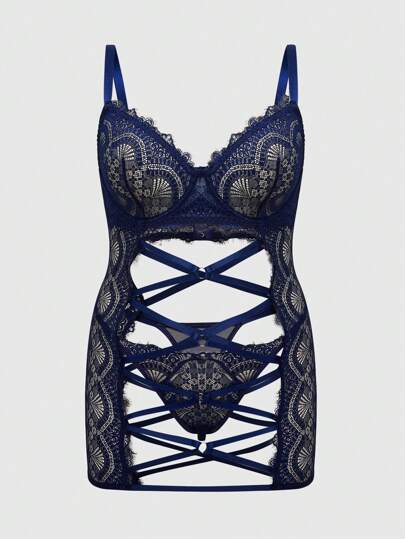 Fairycore Conjunto de 2 piezas de vestido de lencería seductora de talla grande con diseño de encaje y cruz de atado