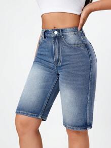 SHEIN EZwear 夏季高腰百慕達丹寧短褲 - 藍色 - 查看 6