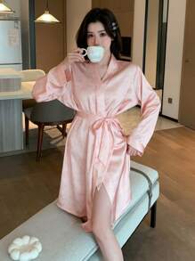 DAZY Satin Heart Printed Lapel Bathrobe - Red - View 5