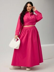 SHEIN Essnce Women Plus Size Rose Red Fashion Casual Two Pieces Set Two Pieces Outfits Two Pieces Set Plus Pink Two Pieces - Hot Pink - View 9