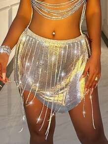 VaVaBold Women's Rhinestone Chain Decorated Skirt For Casual Vacations