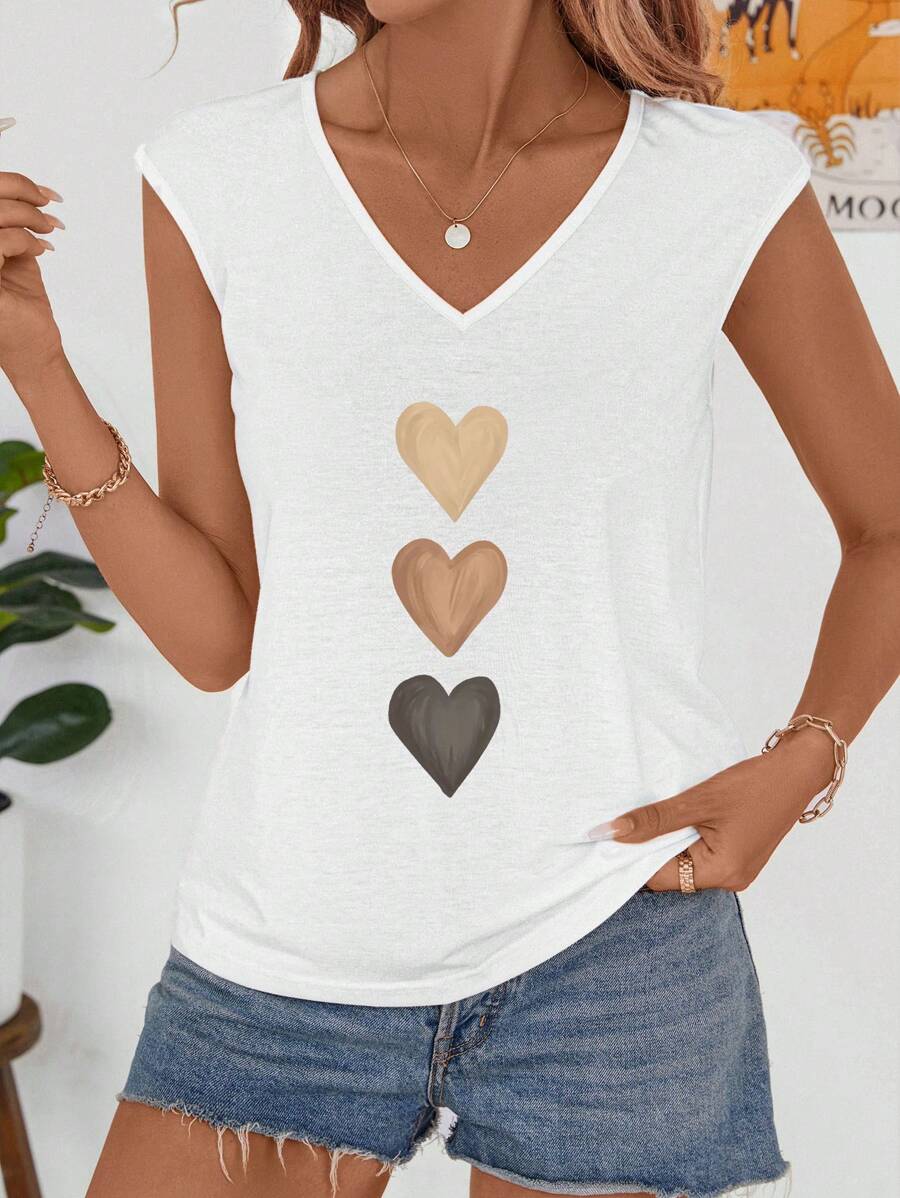 SHEIN LUNE Women's Casual Minimalist Watercolor Heart Pattern V-Neck Camisole, Suitable For Summer - White - View 1