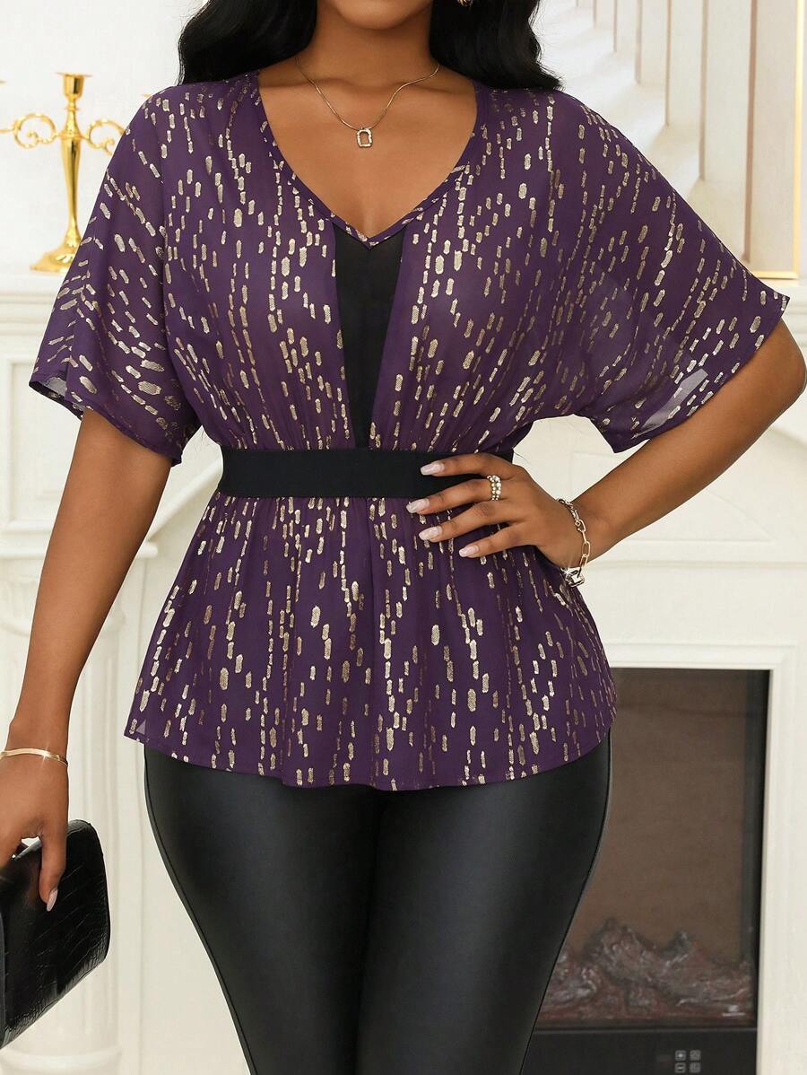 SHEIN Clasi Áo sơ mi ngắn tay in họa tiết cánh dơi cổ chữ V cho nữ - Màu tím - Xem 1