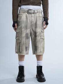 Manfinity Denimwave Y2K Retro Streetwear Men's Vintage Workwear Baggy Denim Shorts With Dirty And Worn-Out Look, JORTS