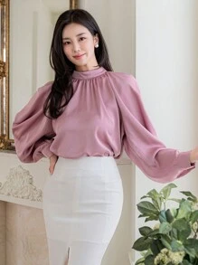 DAZY Áo sơ mi dài tay hở vai cổ đứng màu trơn thanh lịch dành cho nữ, Quần áo mùa thu cho nữ - Hồng - Xem 6