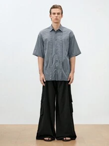 Mainfolk Men's Solid Color Woven Short Sleeve Loose Fit Casual Shirt, Suitable For Summer - Grey - View 4