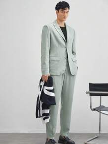 AKNOTIC Formal 2pcs Men's Casual Notched Collar Woven Blazer And Straight Leg Suit Pants, Spring/Fall - Mint Green - View 2