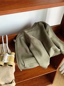 SHEIN Leap Crew Baby Boy Dark Green Baseball Jacket, Casual Versatile Decor Pockets Dropped Shoulders Soft Suede Fabric All-Match Street Comfortable Simplistic Suitable For Outing, Autumn