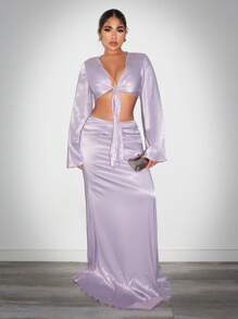 SHEIN SXY Ensemble Robe Invitée de Mariage Femme Chemise à Manches Longues en Satin Nouée et Jupe Longue Élégante