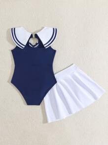 2pcs Navy Style Swimsuit Set, Young Girl One-Piece Swimsuit With Skirt, Back To School Girls' Swimwear, Cute Navy Style Swimsuit & Beach Outfit