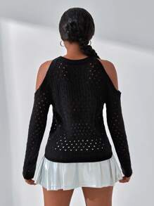 SHEIN Explorewe Teen Girl Round Neck Cold Shoulder Long Sleeve Contrast Color Sweater - Black - View 2