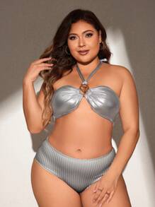 SHEIN Swim Curve 大码女式银色简约日常吊带比基尼上衣夏季 - 銀色 - 查看 3