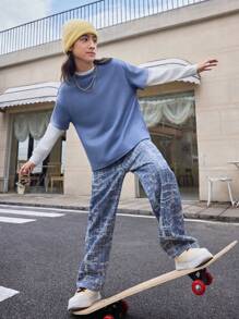 SHEIN Tween Boys' Medium Washed Blue Loose Straight Leg Denim Pants With Distressed Fabric Patch - Medium Wash - View 6