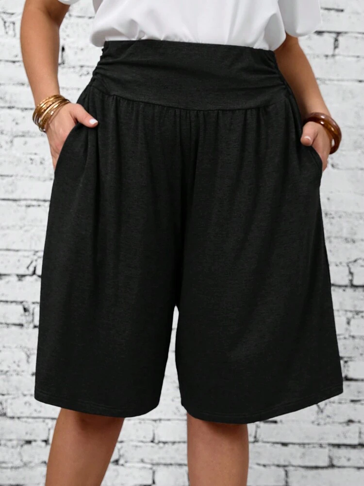 Shorts de playa con pliegues de talla grande en unicolor estilo veraniego campestre