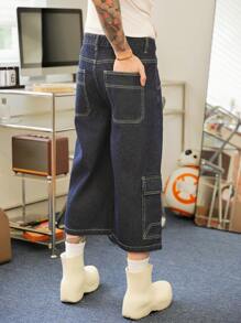 Manfinity Hypemode Hommes du style de rue Vintage Y2K JORTS en jean original de vache bleue foncé à multiples poches - Jean brut - Voir 2