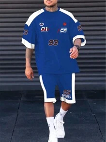 Manfinity LEGND Men's Plus Size Summer Casual Colorblocked Letter Printed T-Shirt And Shorts Set - Multicolor - View 1