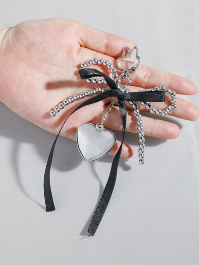 Kawaii 1pc Silver Heart Shaped Pendant With Handmade CCB Bead, Black Ribbon Bow Design Keychain, Compatible With Bags, Dark Gothic Stylish With High Aesthetic, Suitable For Women's Daily Wear, Holiday Gift