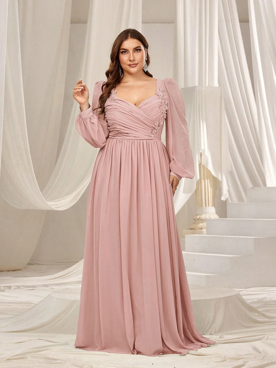 Faeriesty Váy dạ hội trang trọng cỡ lớn dành cho nữ Curve với đường viền cổ hình trái tim thanh lịch, tay áo đèn lồng lãng mạn và chân váy chữ A bồng bềnh dành cho đám cưới, tiệc tối, lễ trao giải và sự kiện giao hưởng - Bụi hồng - Xem 1