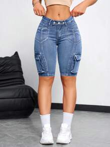 SHEIN ICON Women's Front Button Multi-Pocket Denim Shorts, For Daily Casual Wear - Medium Wash - View 6