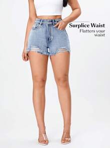 SHEIN EZwear 撕裂破邊牛仔短褲 - 藍色 - 查看 3