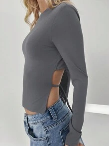 SHEIN EZwear 女士新款露背修身長袖圓領T恤，綁帶設計