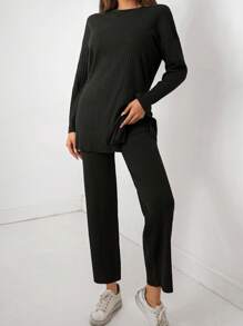 EURMUSE 落肩开衩下摆 T 恤和裤子 - 深灰色 - 查看 6