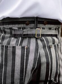 Manfinity Homme American Style Vintage Men's Black Pinstripe Denim Workwear Straight Jeans