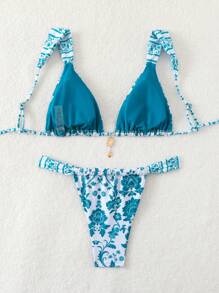 SHEIN Swim Women's Vacation Matching Printed Bikini Set, Random Print Pattern Summer Beach