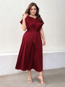 Modelyn Vestido largo de noche con cuello en pico, mangas tipo murciélago y cinturón, color rojo burdeos