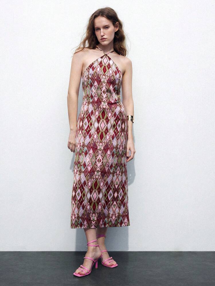 SHEIN Maija Allover Print Halter Neck Backless Dress