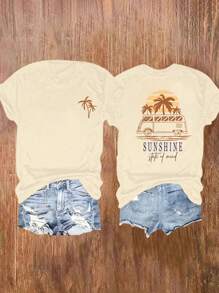 INAWLY Vintage Coconut Tree Printed Beach T-Shirt, Round Neck Casual Short Sleeve Top, Women's Clothing For Spring & Summer Vacation SUNSHINE State Of Mind Graphic Tees Women Tops - Apricot - View 1