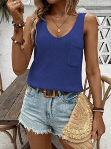 Chiquease Solid Color V-Neck Casual Sleeveless Tank Top, Summer Basic Style - Blue - View 5