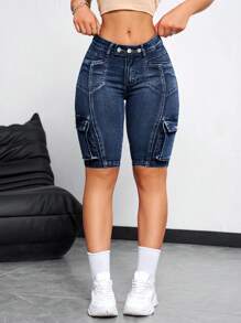 SHEIN ICON Women's Casual Summer Denim Shorts With Pocket Design - Dark Wash - View 6