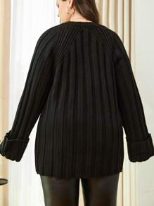 EURMUSE Plus Rib Solid Color Raglan Sleeve Sweater - Black - View 2
