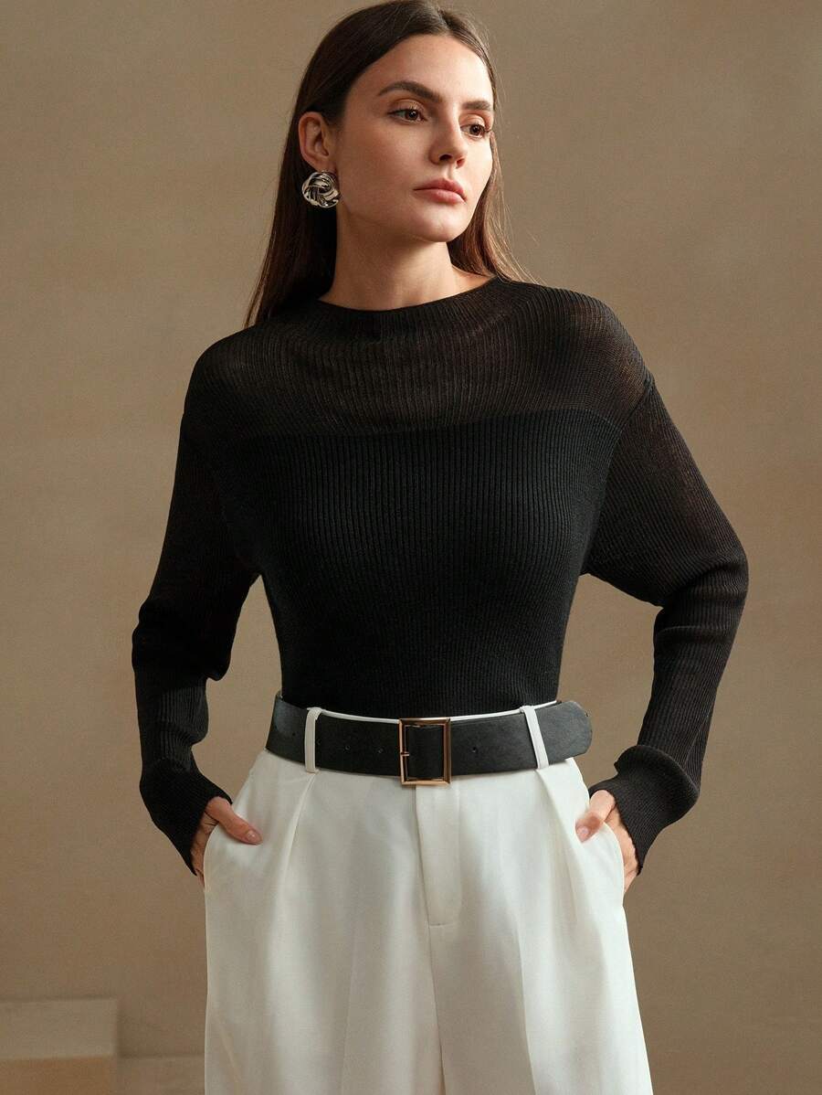 Anewsta Women's Solid Color Simple Daily Wear Long Sleeve Pullover Sweater Knit Pullover Fall Winter Outfit - Black - View 1