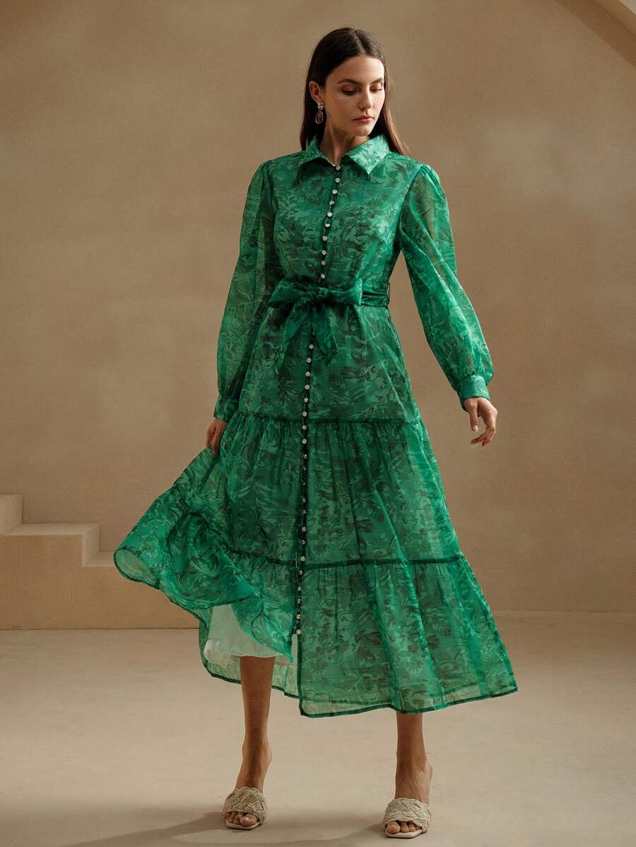 Anewsta Vestido camisero largo y elegante con cintura ajustada, de diseño semitransparente con estampado de lino tipo vacacional, para mujer - Verde - Ver 1
