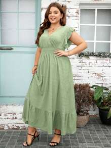 SHEIN Clasi Plus Solid Shirred Butterfly Sleeve Ruffle Hem Dress - Mint Green - View 4