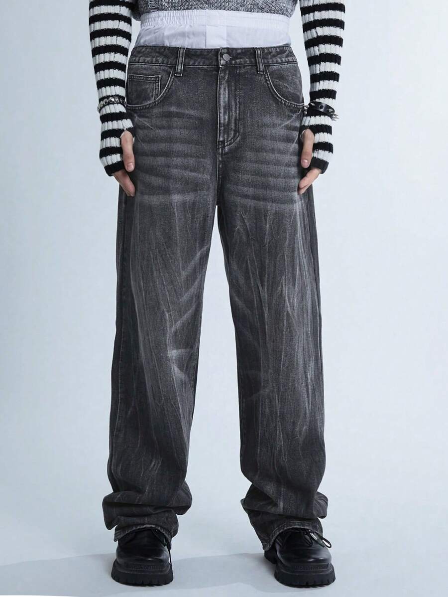 Manfinity EMRG Y2K 复古男士宽腿牛仔裤，复古 90 年代风格深色酸洗牛仔裤，适合丈夫、男朋友的礼物 - 黑色 - 查看 1