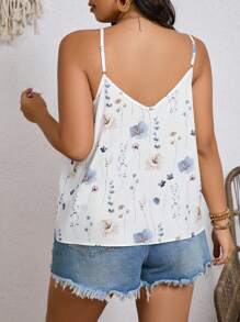 SHEIN Frenchy Top canotta da donna taglie comode, stile boho con scollo a V, stampa floreale ad inchiostro, orlo decorato a balza, ideale per l'estate - Multicolore - Visualizzare 2