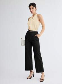 BizChic 女士优雅钥匙孔领露背无袖上衣，百搭款式，适合浪漫、优雅、商务休闲、办公、教师、婚礼宾客等场合，秋季必备 - 杏色 - 查看 10