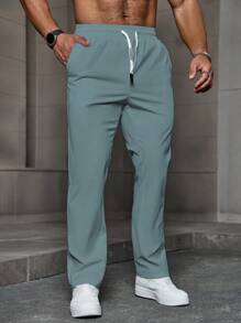 Manfinity LEGND Men's Solid Color Drawstring Waist Pocket Pants, Casual, Light Blue Pants, Men Baby Blue Pants, Gym Pants, Fall - Green - View 5