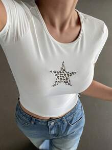 DAZY 女士豹紋圓領T卹 - 白色 - 查看 7