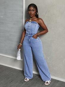 Slaydiva Women Strapless Denim Jumpsuit With Front Button Placket, Pockets, And Sleeveless Design - Light Wash - View 5
