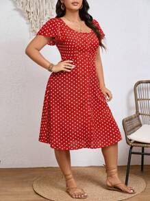 SHEIN Frenchy Vestido rojo vintage con botones al frente, abertura en el muslo y estampado de lunares para tallas grandes, ideal para verano - Rojo y blanco - Ver 4