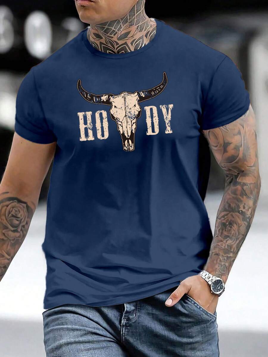 Manfinity LEGND Navy Blue Printed Men's Round Neck Short Sleeve T-Shirt, 2000s Style - Navy Blue - View 1