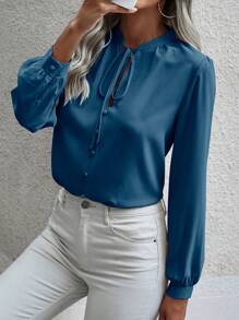 SHEIN LUNE Ladies' Solid Color Simple Daily Long Sleeve Shirt - Teal Blue - View 4