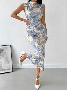 Firerie 女性水彩花卉印花修身針織褶皺中長款夏季連衣裙，側開叉設計，適合假日和日常穿著的優雅服飾 - 彩色 - 查看 4