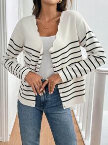SHEIN Frenchy Women's Black And White Striped Long Sleeve Cardigan Sweater,Shell-Trimmed V-Neck Minimalist Ellegant Autumn Office Winter Clothes Casual Sweaters - Multicolor - View 4
